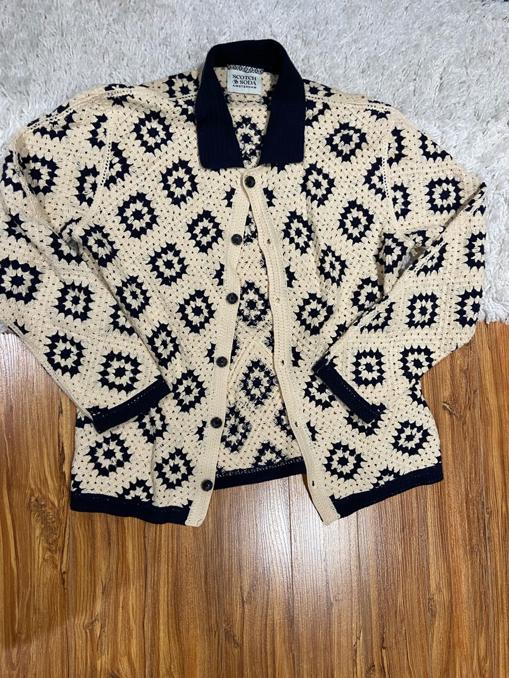 Scotch & Soda Cream and Black Crochet Button-Up Cardigan